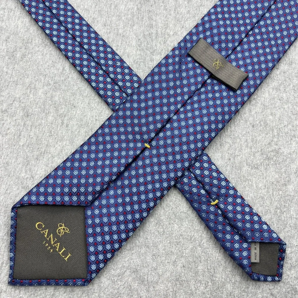 Canali 1934 Tie 100% Silk Blue Geometric Floral Medallion Check Italy Luxury